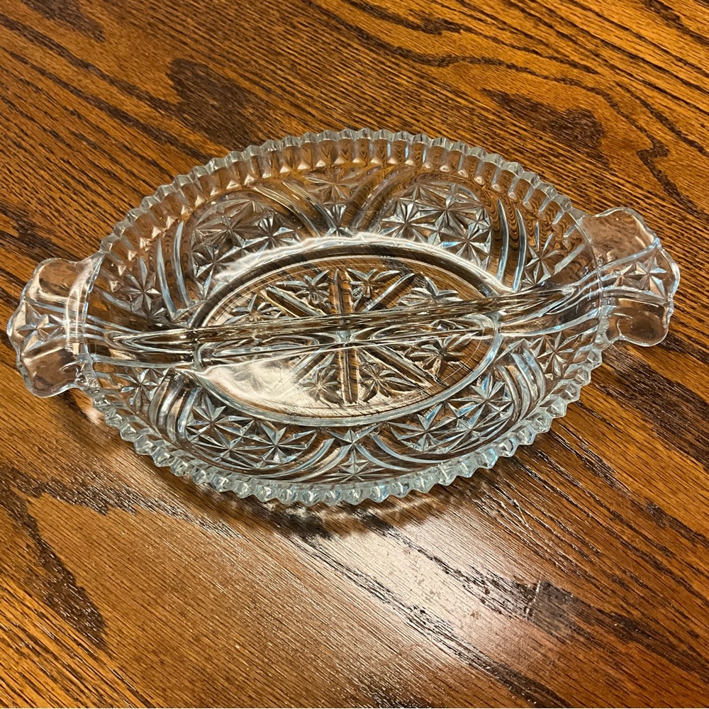 Vintage Anchor Hocking Clear Glass Stars and Bars Divided Relish Dish